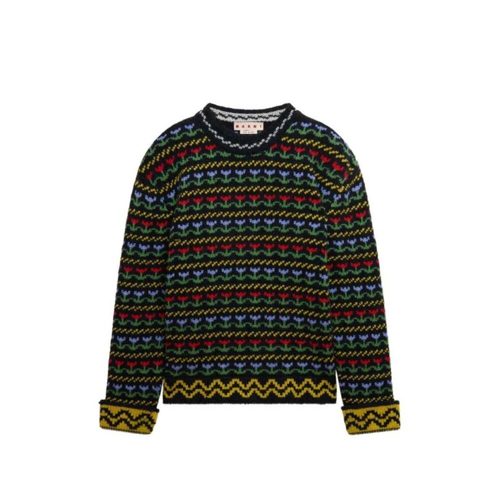 Marni Men Black Shetland Wool Sweater With Fair Isle Pattern